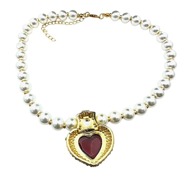 Womens Red Heart Rhinestone Faux Pearl Gold Tone Pendant Necklace New - Picture 3 of 3
